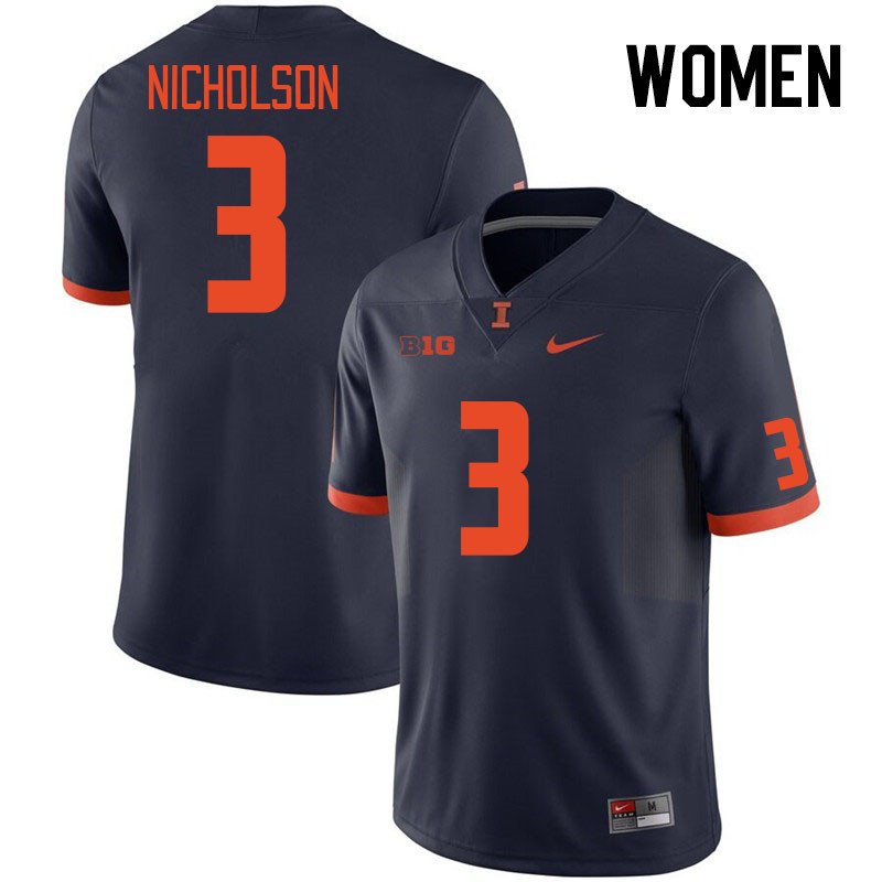 Women #3 Tahveon Nicholson Illinois Fighting Illini College Football Jerseys Stitched Sale-Navy